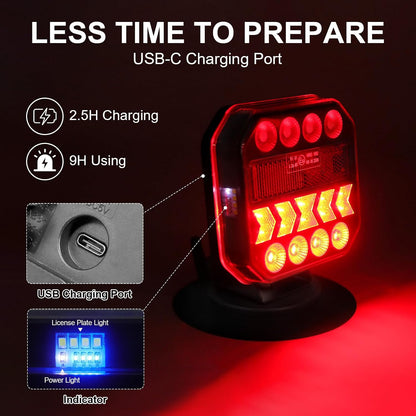 Wireless Magnetic Trailer Light Kit – Rechargeable USB-C Tow Lights with Reverse Lights & Built-In Reflectors for Trucks, RVs, Boats & Trailers