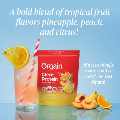 Orgain Clear Whey Isolate Protein Powder – Tropical Punch, 22g Protein, 0g Sugar – 18.4 oz, 18 Servings