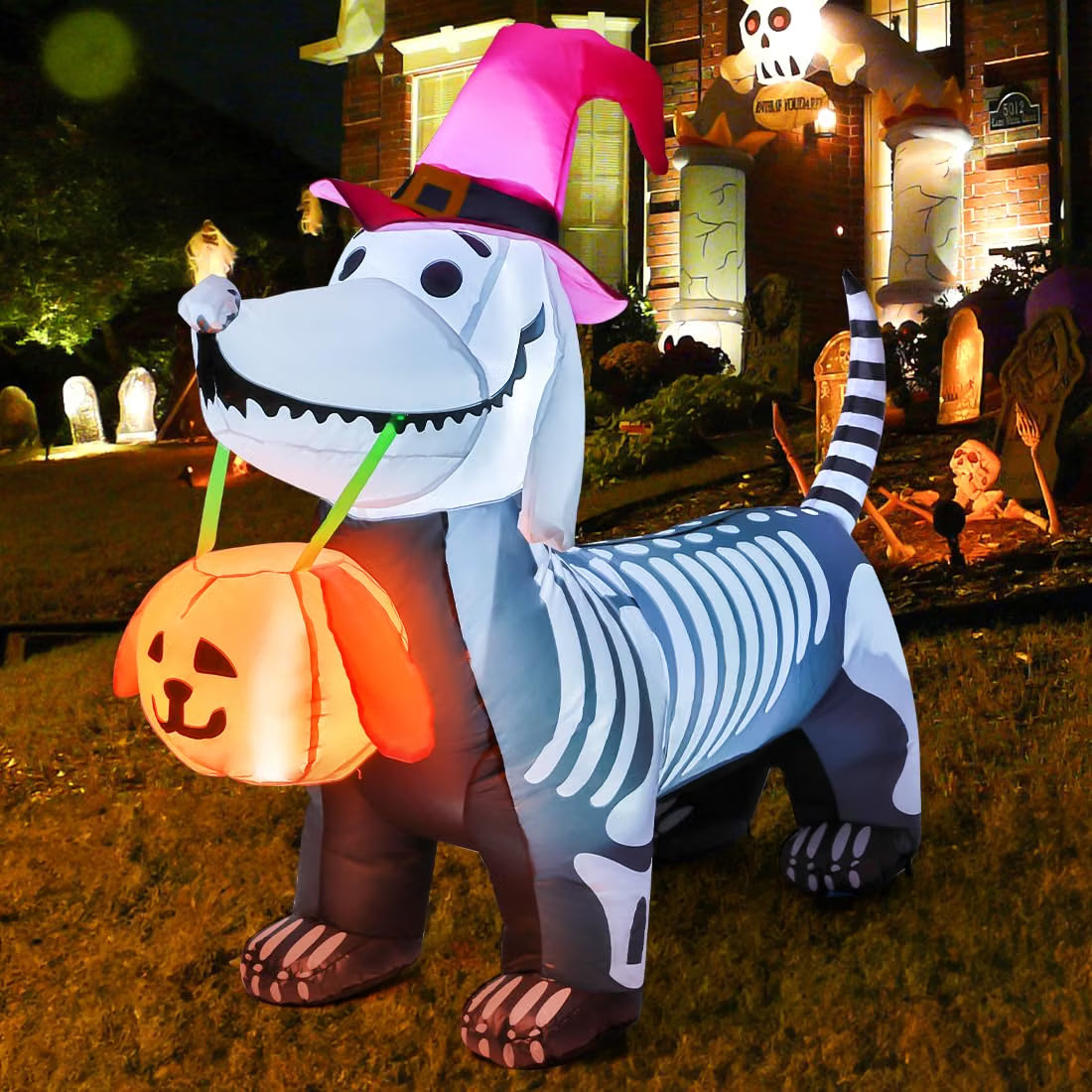 5.5 Ft Halloween Inflatable Skeleton Puppy – LED Light-Up Pumpkin Blow-Up Decoration for Indoor & Outdoor Yard, Garden & Party Décor