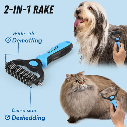 Pet Grooming Combo – Deshedding Brush & Metal Comb for Dogs & Cats with Long or Matted Fur – Blue