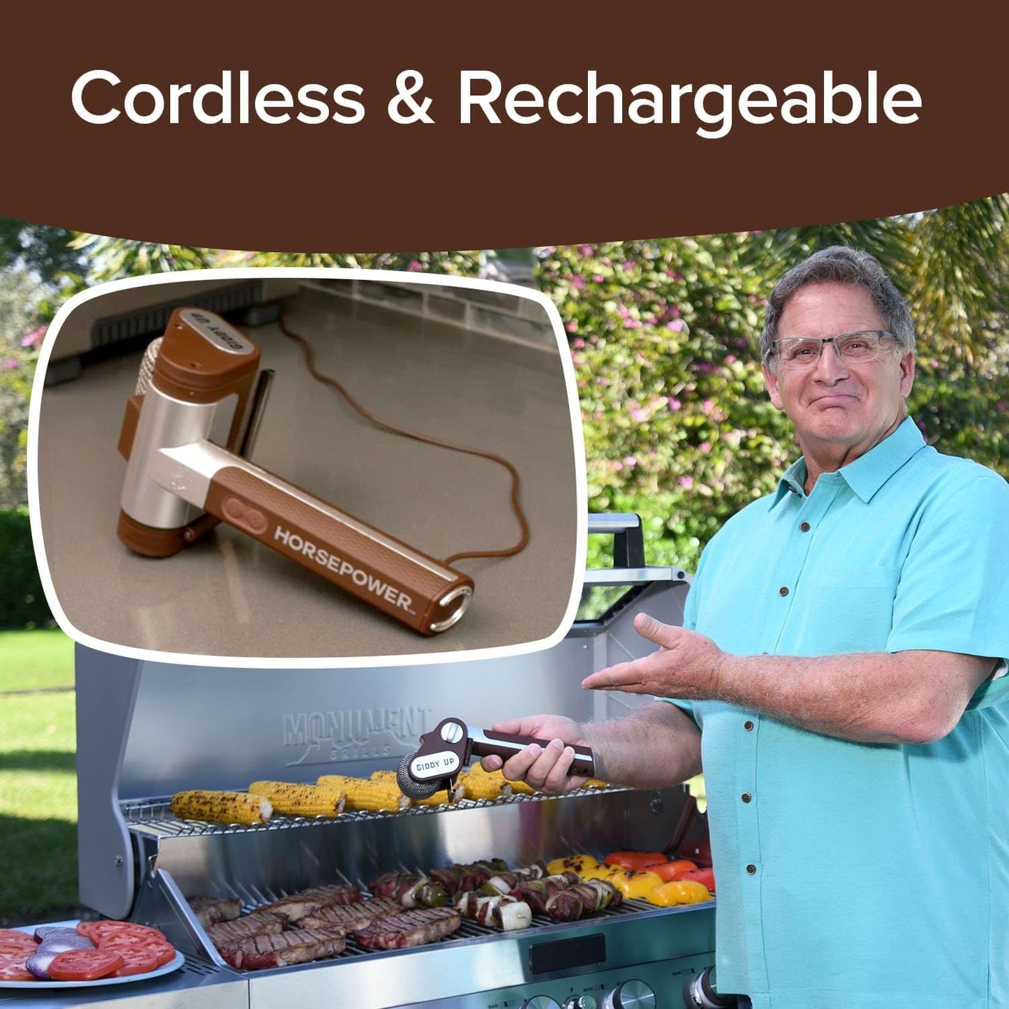 Giddy Up Grill Cleaner – Cordless, Rechargeable BBQ Tool with 350 RPM Stainless Roller, LED Light