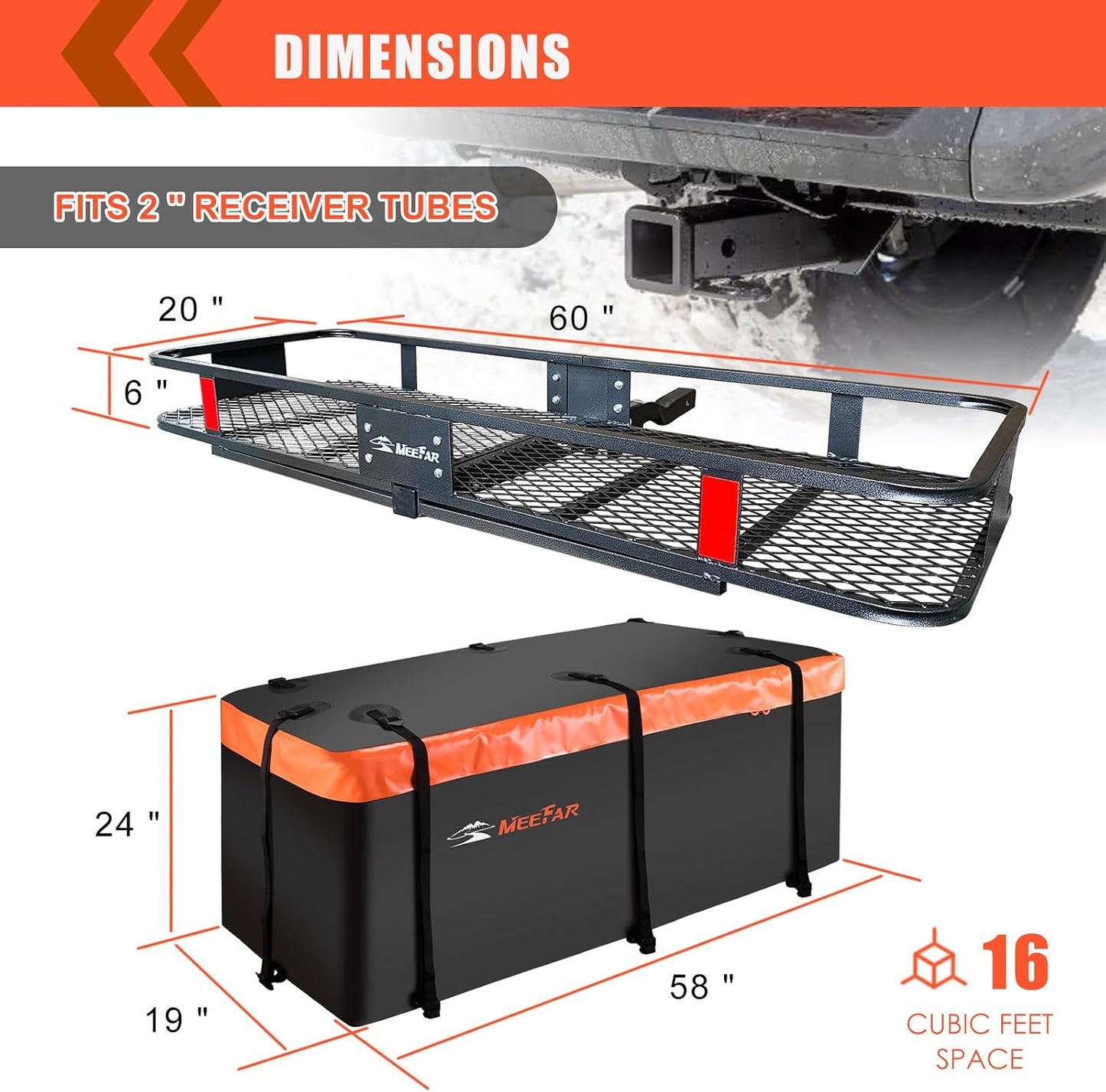 Folding Hitch Mount Cargo Carrier – 60" x 20" x 6" Basket with 16 Cu. Ft. Waterproof Bag, Cargo Net, Straps & Hitch Tightener, 500 lb Capacity