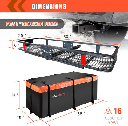 Folding Hitch Mount Cargo Carrier – 60" x 20" x 6" Basket with 16 Cu. Ft. Waterproof Bag, Cargo Net, Straps & Hitch Tightener, 500 lb Capacity