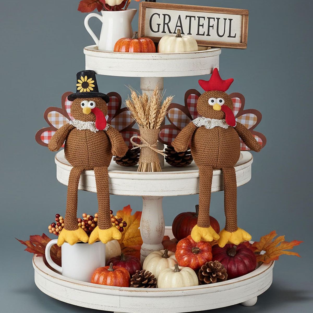 2-Piece Thanksgiving Turkey Couple Plush Dolls – Dangling Leg Fall Harvest Tabletop Decorations for Home, Kitchen & Shelf Décor