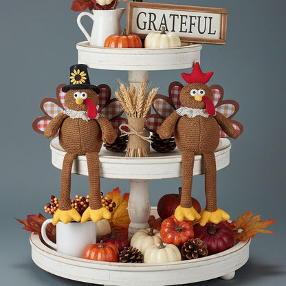 2-Piece Thanksgiving Turkey Couple Plush Dolls – Dangling Leg Fall Harvest Tabletop Decorations for Home, Kitchen & Shelf Décor