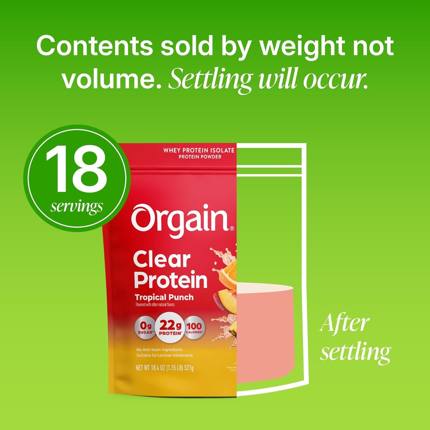 Orgain Clear Whey Isolate Protein Powder – Tropical Punch, 22g Protein, 0g Sugar – 18.4 oz, 18 Servings