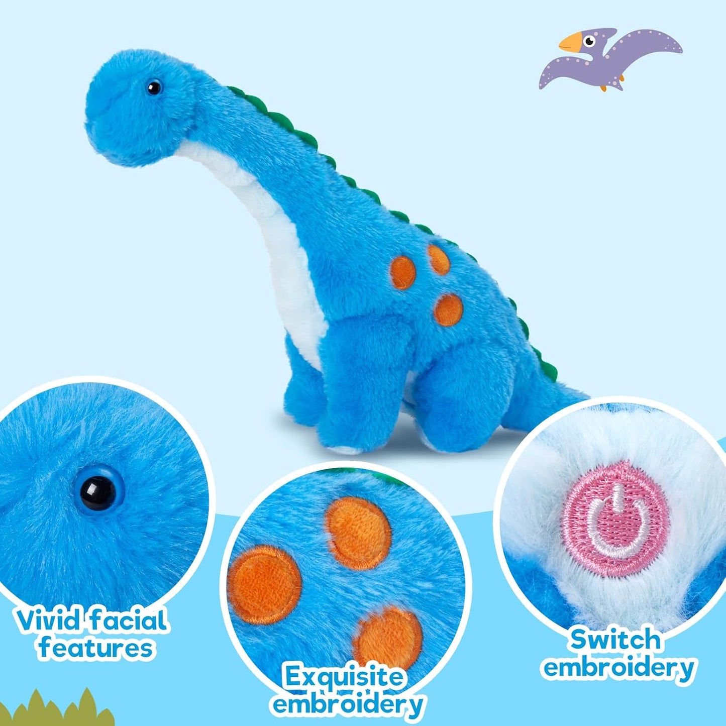14" Glow-in-the-Dark Blue Dinosaur Plush Toy – LED Diplodocus Night Light for Kids