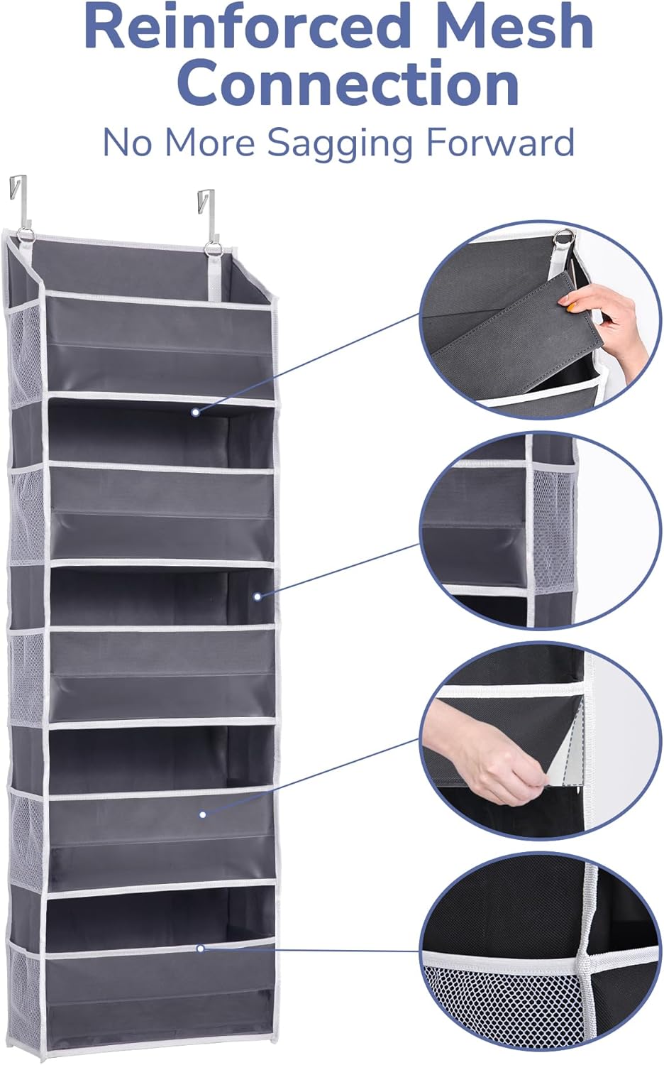Over Door Organizer – 5 Large Pockets & 10 Mesh Side Pockets – Hanging Storage with Clear Window – Dark Grey (5 Layers)