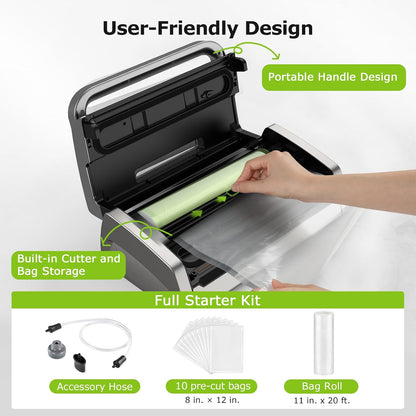 Vacuum Sealer Machine – Powerful Low-Noise Food Vacuum Sealer with Built-In Cutter & Bag Storage, Easy Handle Design, 1 Roll & 10 Bags