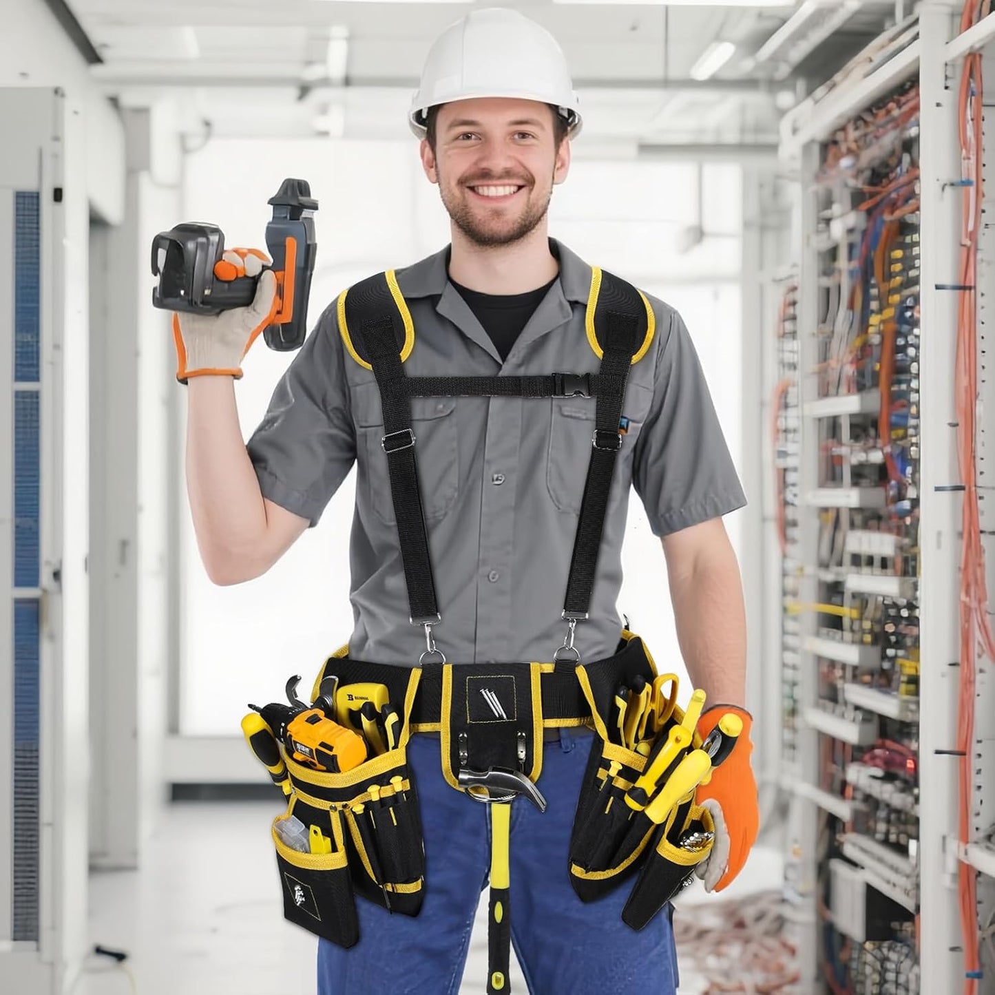 Professional Tool Belt with Suspenders – Heavy-Duty Adjustable Work Belt with Magnetic Tool Pouch for Electricians & Carpenters (Black/Yellow)