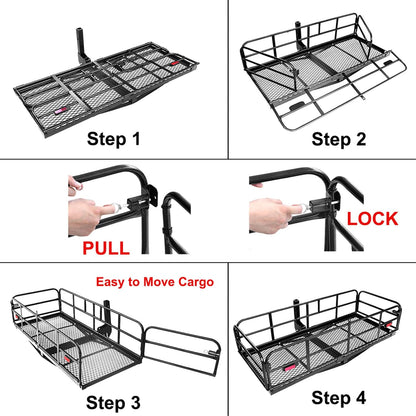 Heavy-Duty Hitch Cargo Carrier – 500 lb Capacity, 60" x 24" Folding Rear Luggage Basket for 2" Receivers