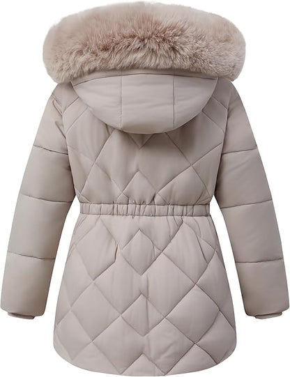 Girls’ Waterproof Winter Parka – Hooded Fleece-Lined Insulated Coat (Light Khaki, Size 5)