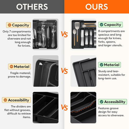 Expandable Silverware Drawer Organizer – BPA-Free Utensil Tray for Kitchen, Adjustable Storage for Spoons, Forks, and Knives, Large, Black