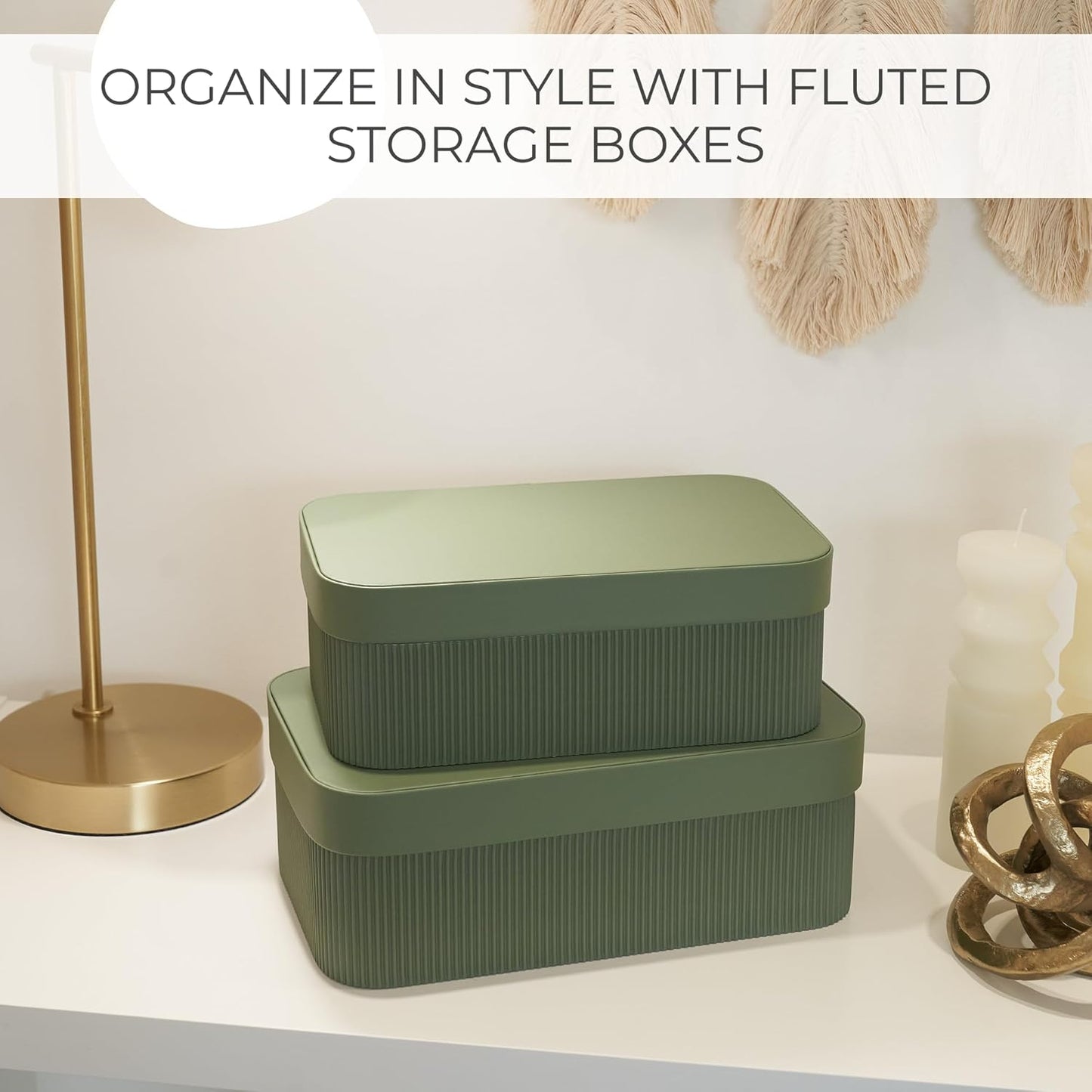Set of 2 Decorative Storage Boxes with Lids - Fluted Cardboard Organizers for Home Decor