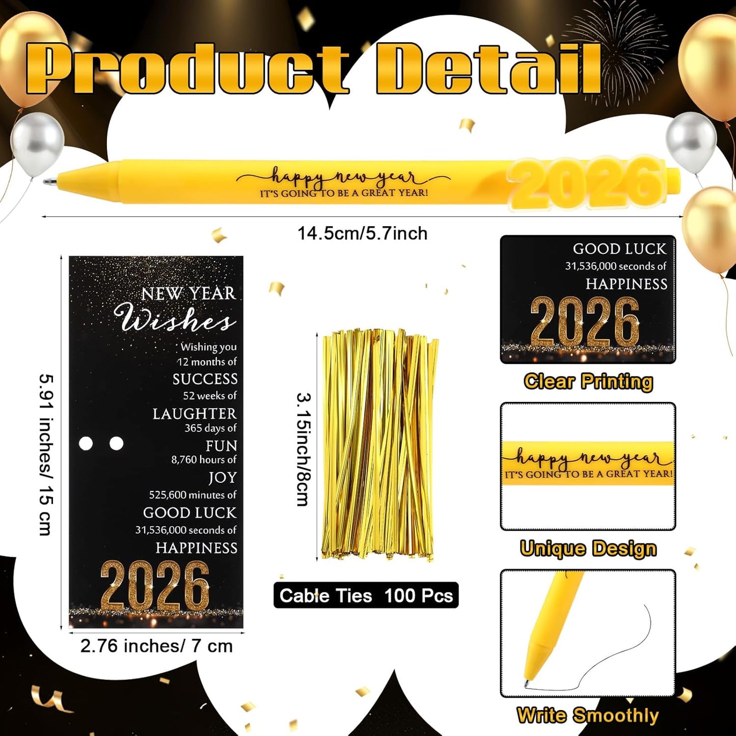 50 Sets Happy New Year Gifts Bulk 2026 New Years Eve Party Favors for Guests Include Inspirational Ballpoint Pen and Blessing Cards 2026 Gifts for Coworkers Friends Family
