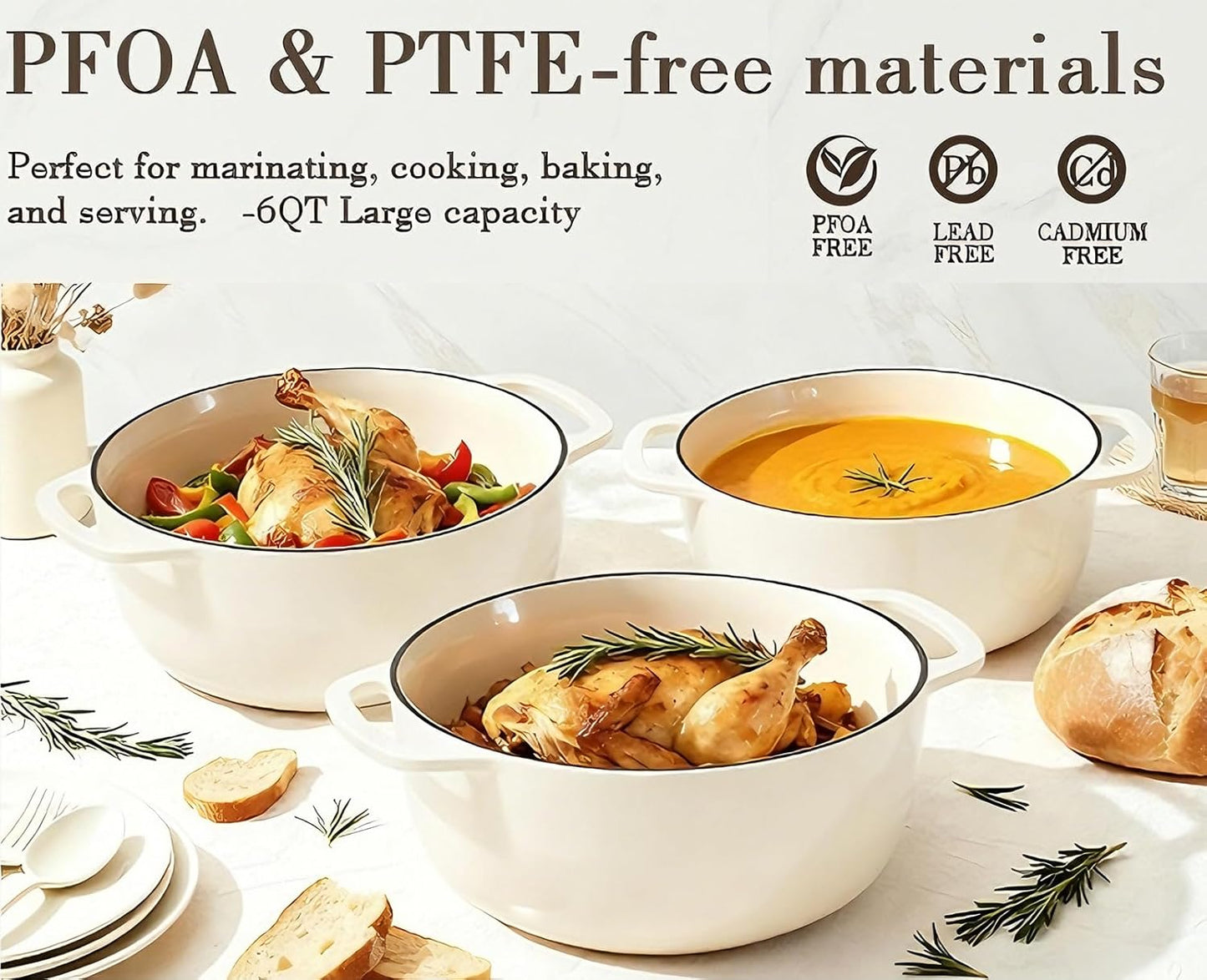 6QT Enameled Cast Iron Dutch Oven – Heavy-Duty Pot with Lid (Cream White)