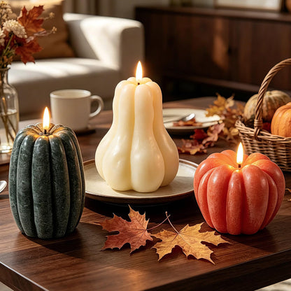 3-Piece Fall Pumpkin Flameless Candle Set – Real Wax LED Flickering Candles with Remote for Thanksgiving & Halloween Décor