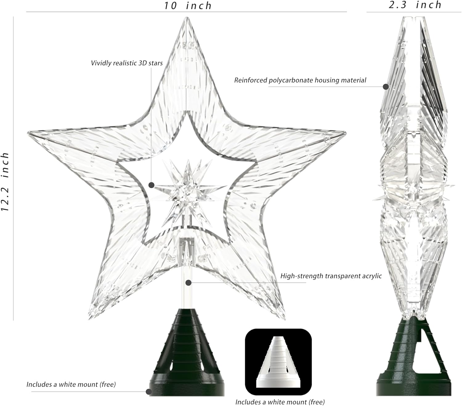 10" Lighted Christmas Tree Star Topper - Shatterproof Plastic with RGB Glow & USB Plug for Holiday Decorations