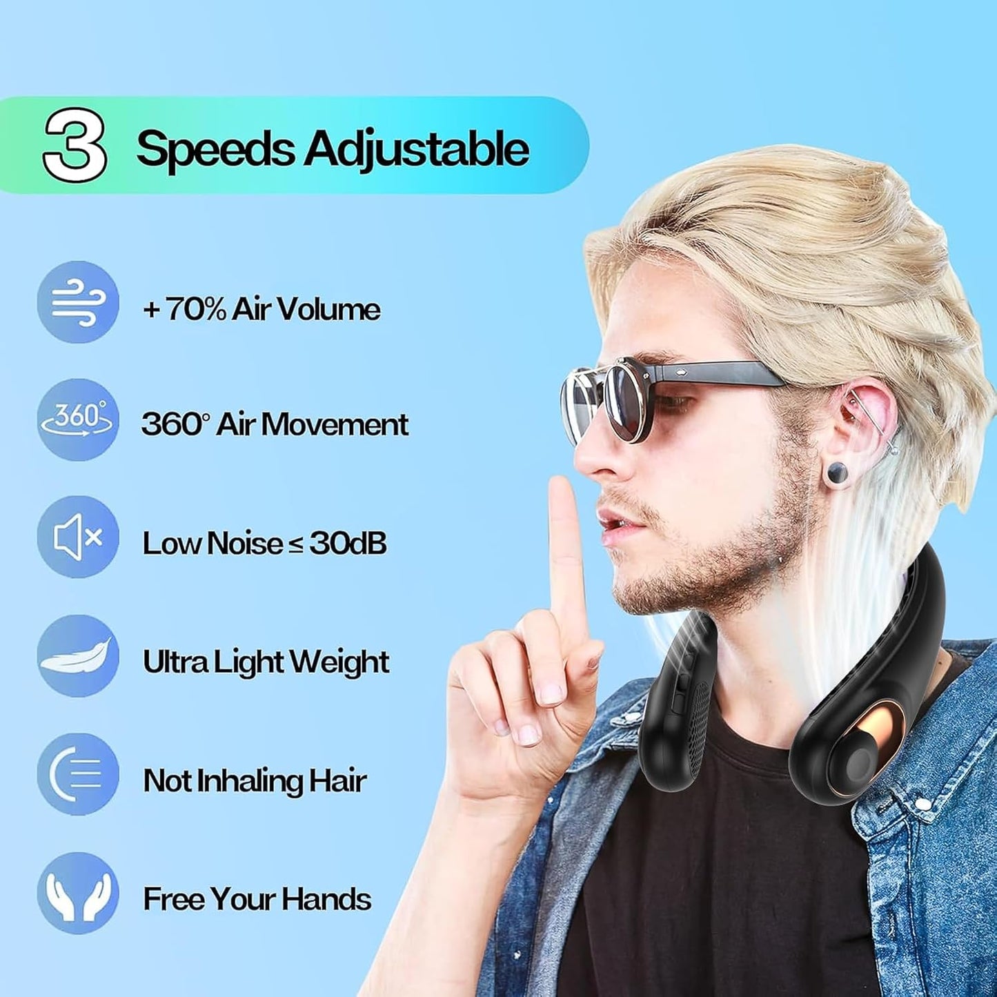 Portable Bladeless Neck Fan – 360° Airflow, Quiet USB Rechargeable Wearable Cooling Fan with 3 Speeds & 4000mAh Battery