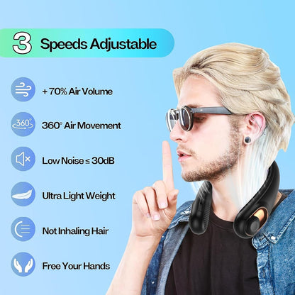 Portable Bladeless Neck Fan – 360° Airflow, Quiet USB Rechargeable Wearable Cooling Fan with 3 Speeds & 4000mAh Battery
