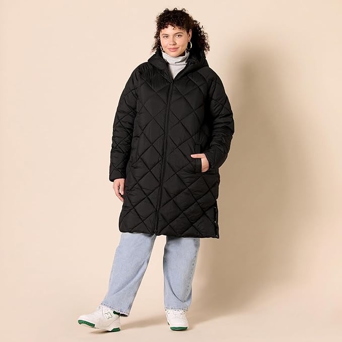Women’s Heavyweight Puffer Jacket – Diamond Quilted Knee-Length Winter Coat