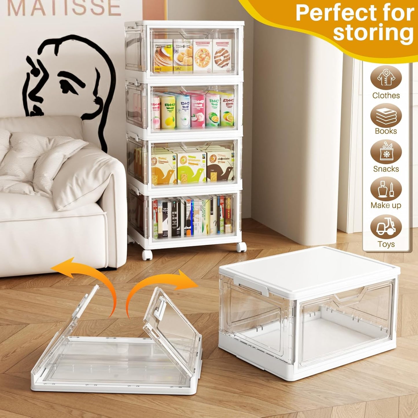 24 QT Portable Clear Storage Bins with Lid & Wheels - Stackable 4-Tier Organizer with Magnetic Doors for Home & Office