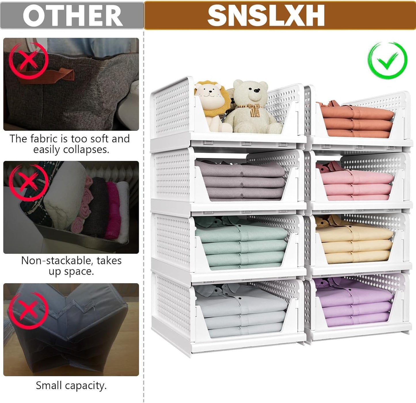 5 Pack Stackable Closet Storage Baskets – Foldable Space-Saving Organizer Drawers – White
