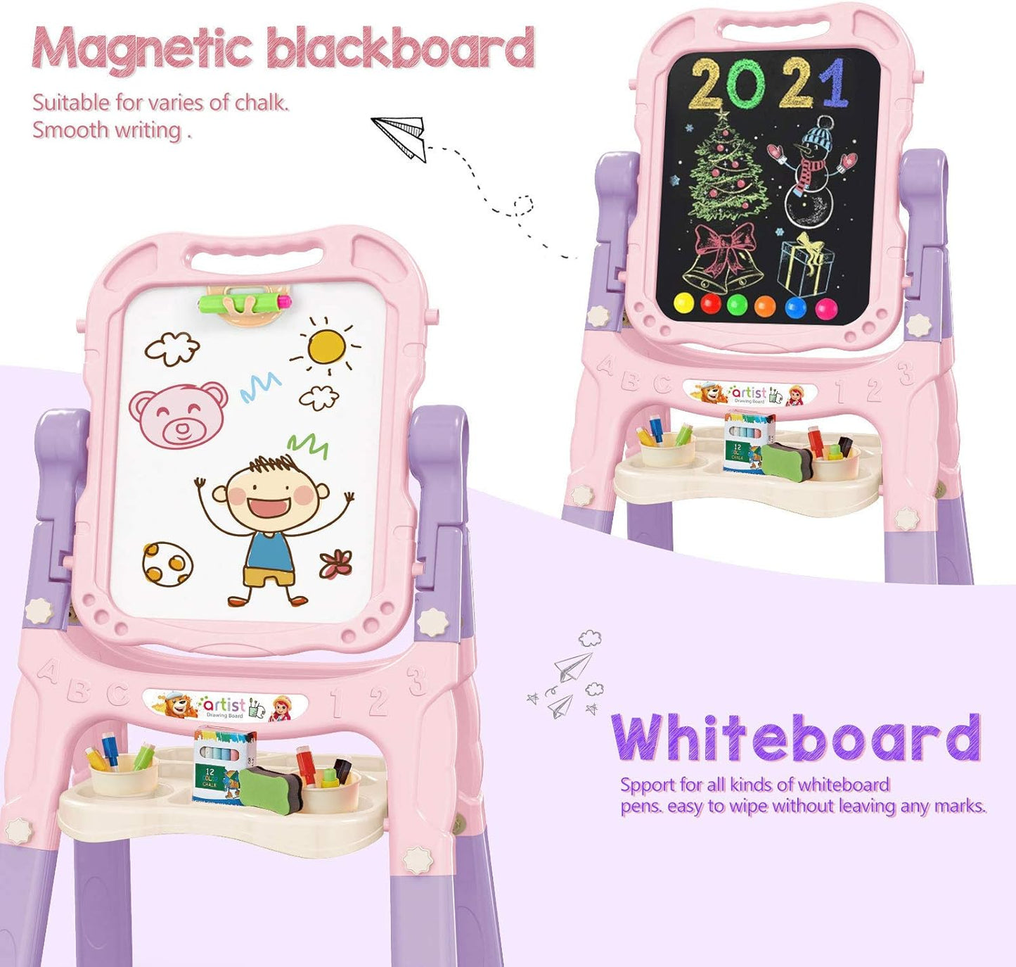 Kids Art Easel – Adjustable Double-Sided Rotating Easel with Painting Accessories (Pink)