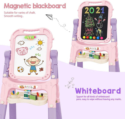 Kids Art Easel – Adjustable Double-Sided Rotating Easel with Painting Accessories (Pink)