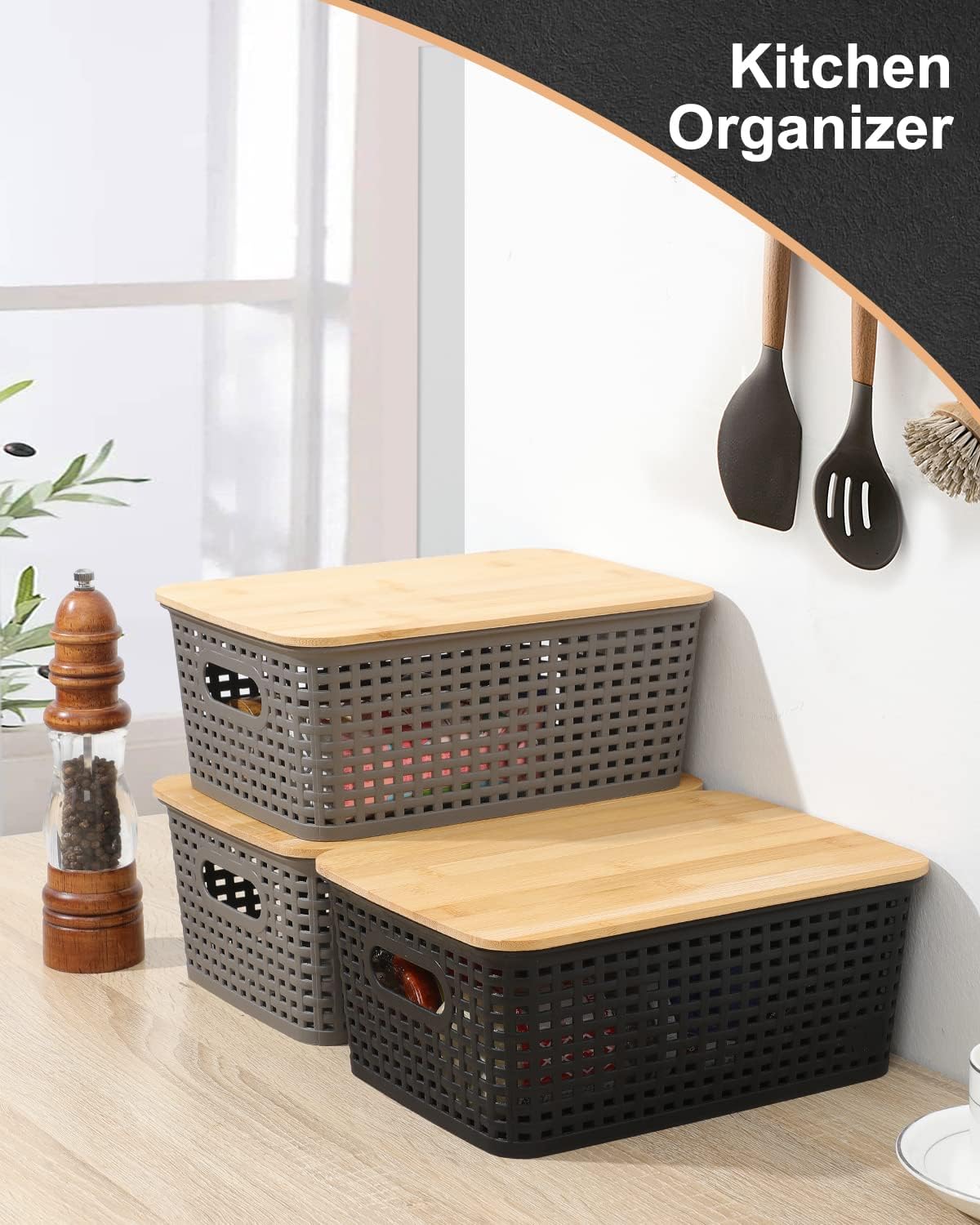 Storage Bins with Bamboo Lids (Set of 6) – Plastic Organizer Containers for Kitchen, Bedroom, Office & Closet – Black