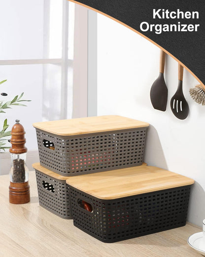 Storage Bins with Bamboo Lids (Set of 6) – Plastic Organizer Containers for Kitchen, Bedroom, Office & Closet – Black