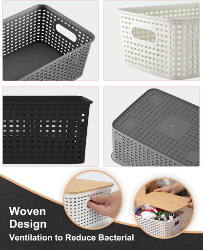 Storage Bins with Bamboo Lids (Set of 6) – Plastic Organizer Containers for Kitchen, Bedroom, Office & Closet – Black