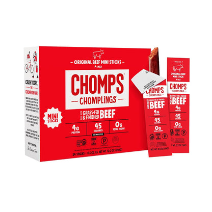 Snack Size Grass-Fed Original Beef Jerky Snack Sticks 0.5oz 24-Pack - Keto, Paleo, Whole30, 4g Lean Meat Protein, Gluten-Free, Zero Sugar Food, Non-GMO Chomplings