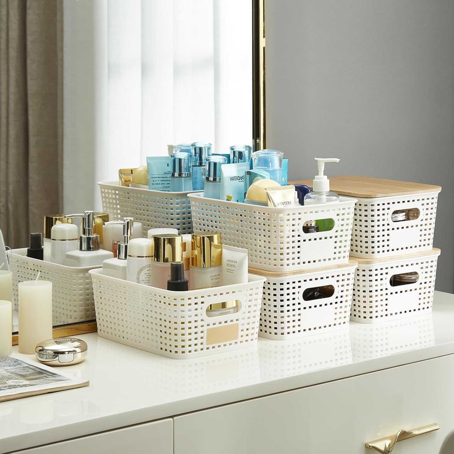 Small Plastic Storage Bins with Bamboo Lids – 5.2 Qt Stackable Organizer Boxes with Labels – Cream White (6 Pack)