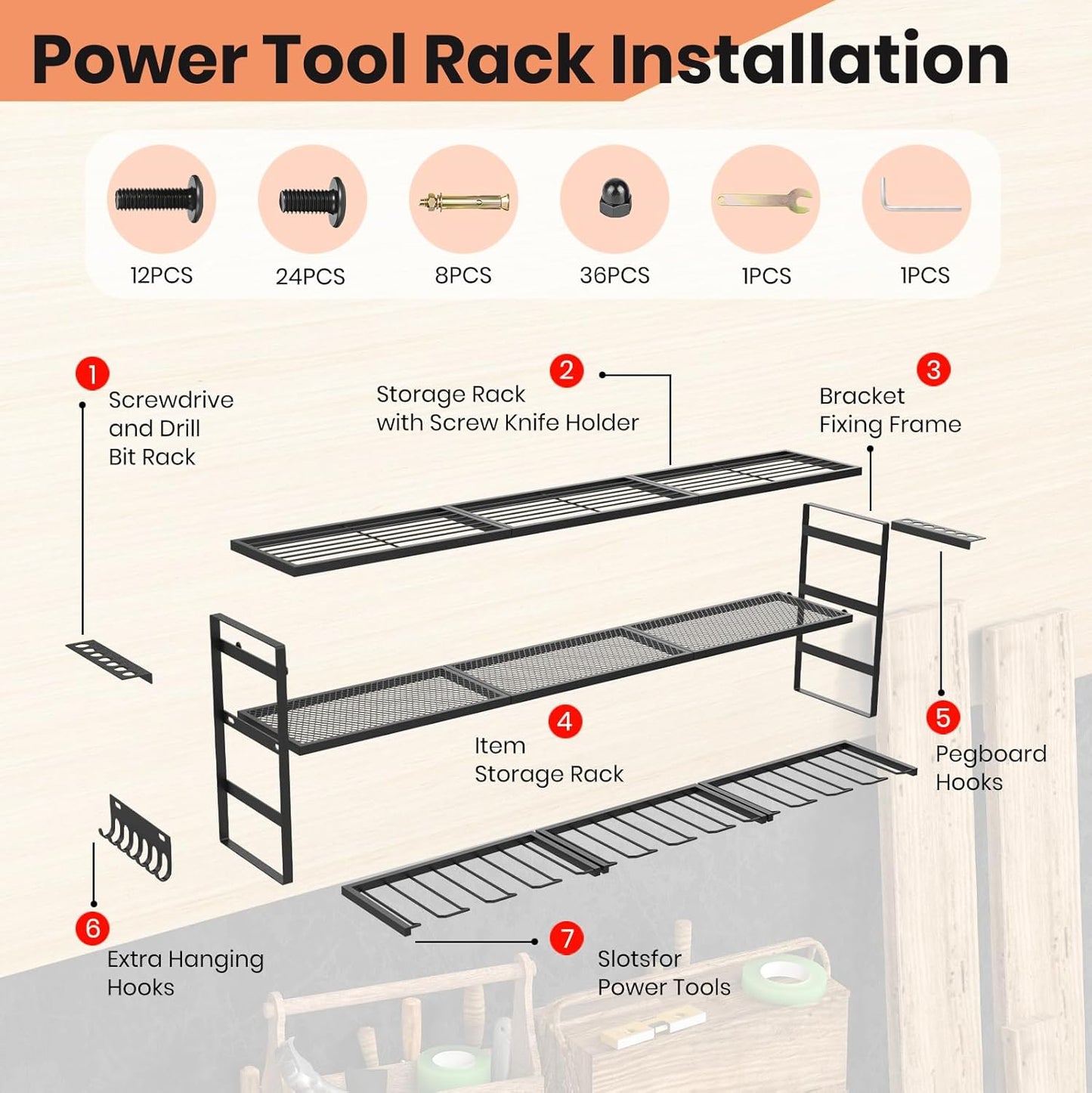 49" Power Tool Organizer Wall Mount – 4-Tier Garage Storage Rack, Holds up to 600 lbs – Tool Organizer for Garage