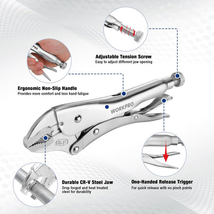 5-Piece Locking Pliers Set with Chrome-Vanadium Steel, 5/7/10" Curved & 6.5/9" Long Nose Pliers