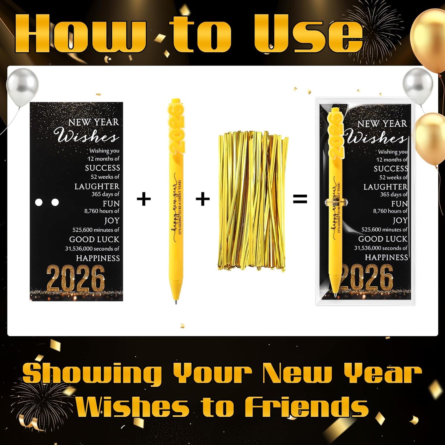 50 Sets Happy New Year Gifts Bulk 2026 New Years Eve Party Favors for Guests Include Inspirational Ballpoint Pen and Blessing Cards 2026 Gifts for Coworkers Friends Family