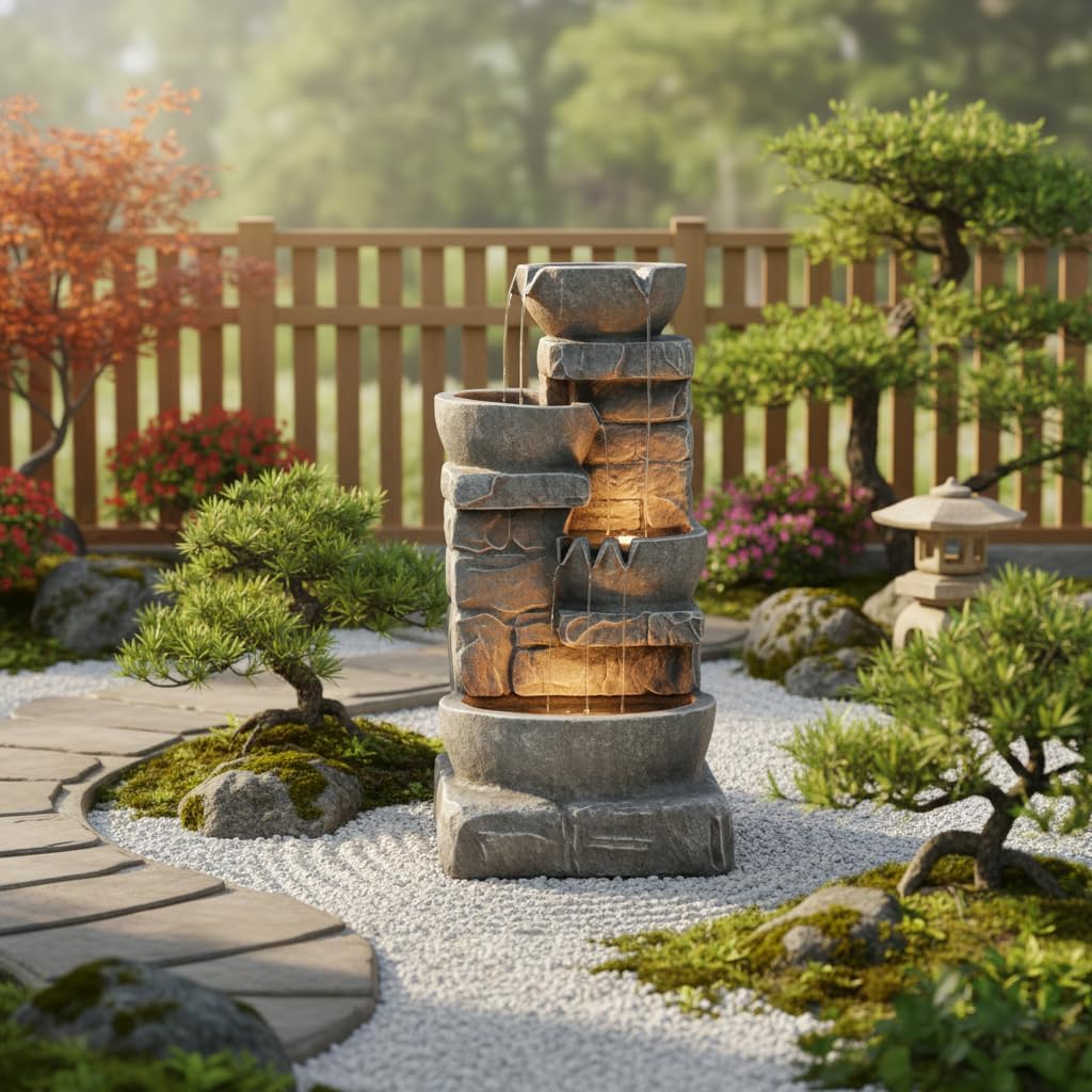 33.25" Cascading Bowls & Stacked Stones LED Outdoor Water Fountain (Stone Gray)