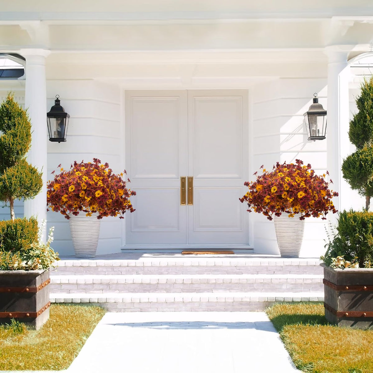 16-Bundle Artificial Fall Mums with Eucalyptus – UV-Resistant Orange Faux Flowers for Outdoor Porch, Planters & Thanksgiving Décor