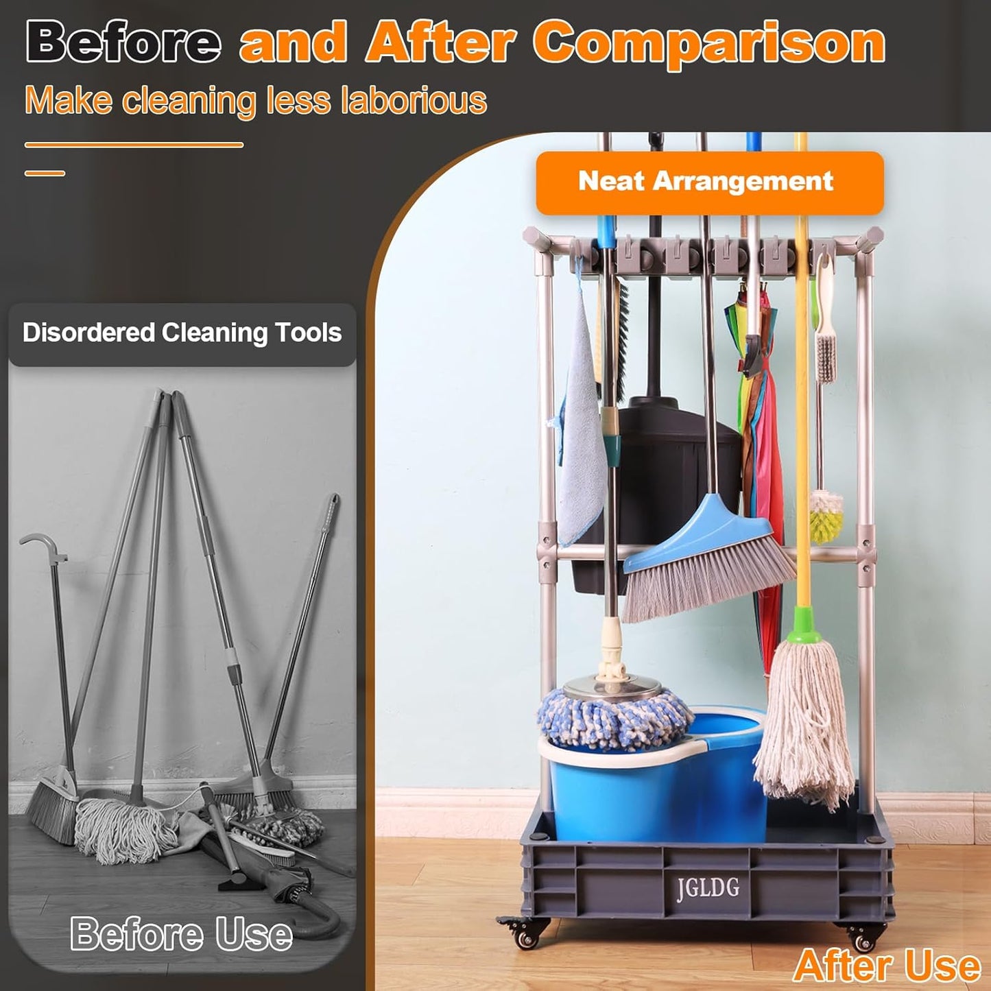 Mobile Mop and Broom Holder – Space-Saving Organizer for Cleaning Tools, Keeps Mops, Brooms & Supplies Neatly Stored