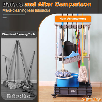 Mobile Mop and Broom Holder – Space-Saving Organizer for Cleaning Tools, Keeps Mops, Brooms & Supplies Neatly Stored