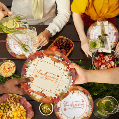 Thanksgiving Tableware Set for 25 – Maple Leaf Paper Plates, Napkins, Cups & Plastic Tablecloth for Fall Dinner Parties
