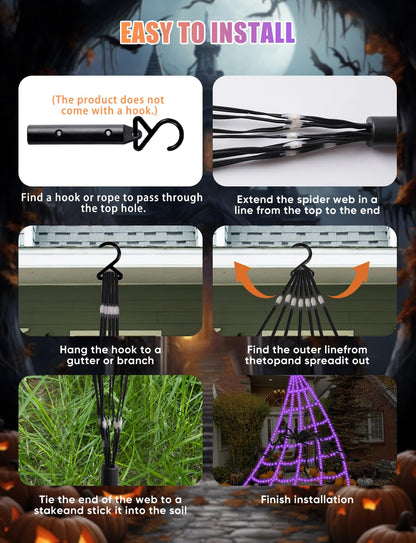 16.4 FT Halloween Spider Web Lights with Spider – 550 LED Waterproof Outdoor Yard Decoration with 8 Lighting Modes & Memory Function