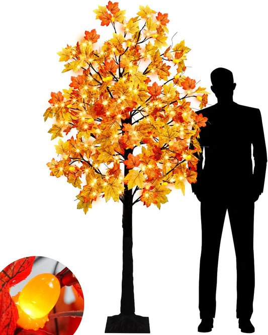 8 FT Lighted Fall Maple Tree – Artificial Thanksgiving Tree with Autumn Leaves for Indoor & Outdoor Décor