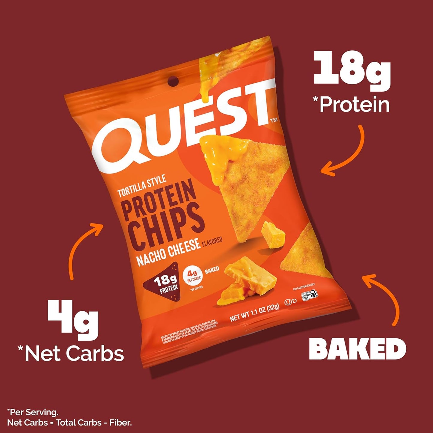 Nacho Cheese Protein Chips – 18g Protein, 4g Net Carbs, Gluten Free – 1.1 oz (12 Pack)