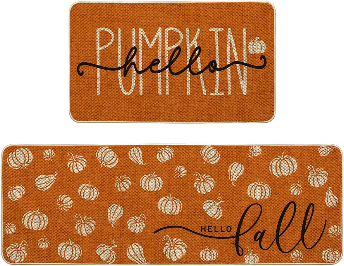 2-Piece Orange “Hello Pumpkin” Fall Kitchen Mat Set – 17" x 29" & 17" x 47" Autumn Floor Rugs
