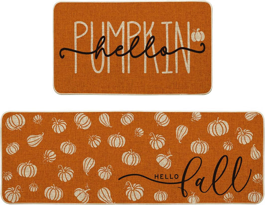2-Piece Orange “Hello Pumpkin” Fall Kitchen Mat Set – 17" x 29" & 17" x 47" Autumn Floor Rugs