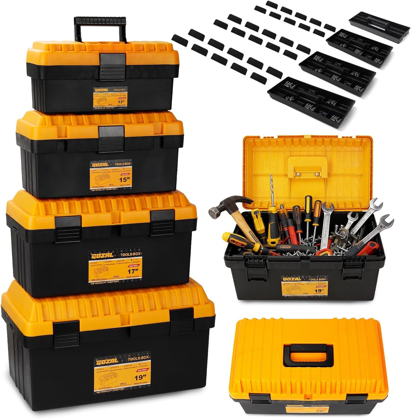 4 Pack Heavy-Duty Plastic Tool Boxes – Portable Lockable Storage Cases with Removable Trays & Dividers