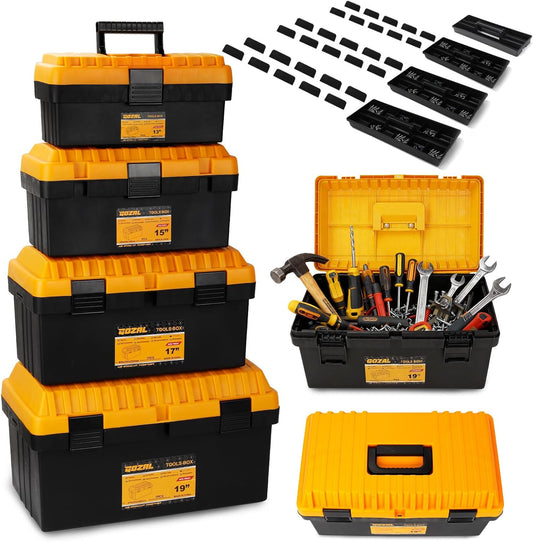 4 Pack Heavy-Duty Plastic Tool Boxes – Portable Lockable Storage Cases with Removable Trays & Dividers