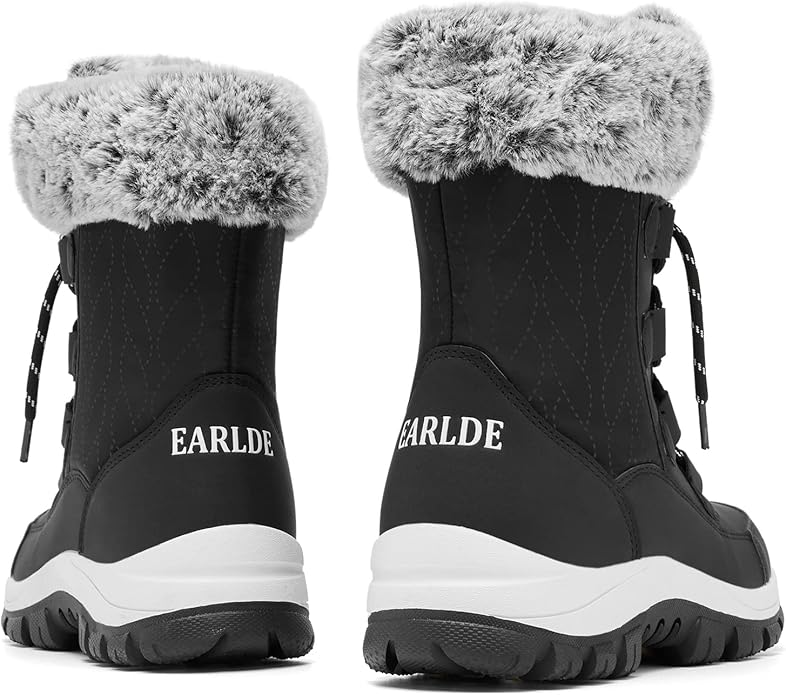 Women’s Waterproof Mid-Calf Snow Boots – Faux Fur Lined, Non-Slip Sole (Black Wheat Stripe, Size 8)